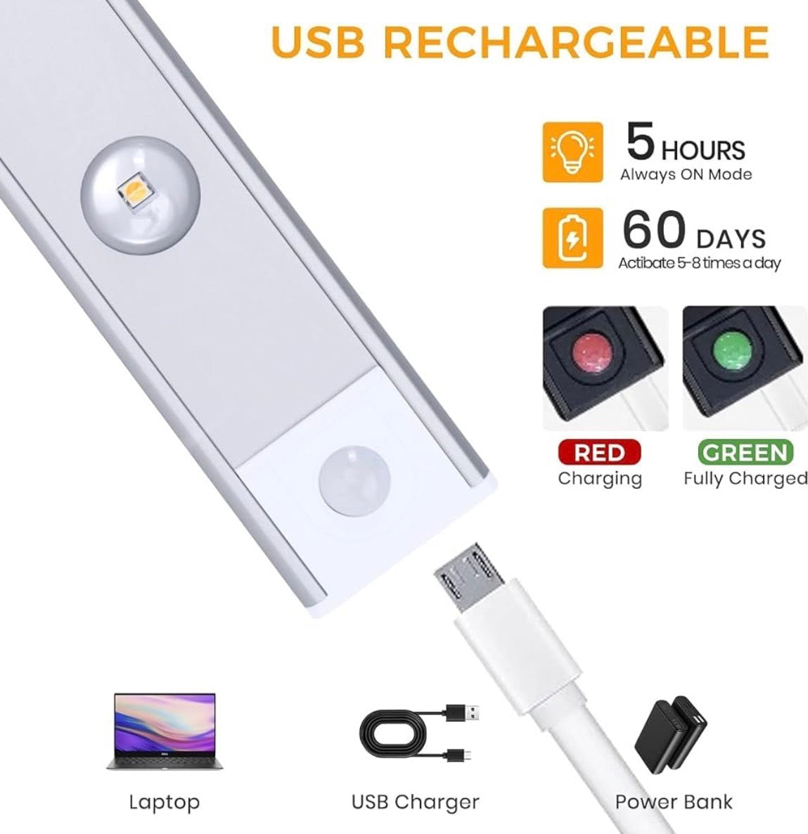 Motion Sensor Under Cabinet LED Light, USB Rechargeable, Stepless Dimmable, 3 Color Temperatures (3000K/4000K/6000K), 400mAh Battery, Dimmable Closet Lamp, Wireless Stick-On for Wardrobe