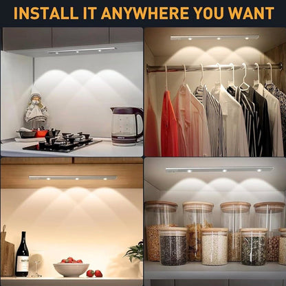 Motion Sensor Under Cabinet LED Light, USB Rechargeable, Stepless Dimmable, 3 Color Temperatures (3000K/4000K/6000K), 400mAh Battery, Dimmable Closet Lamp, Wireless Stick-On for Wardrobe