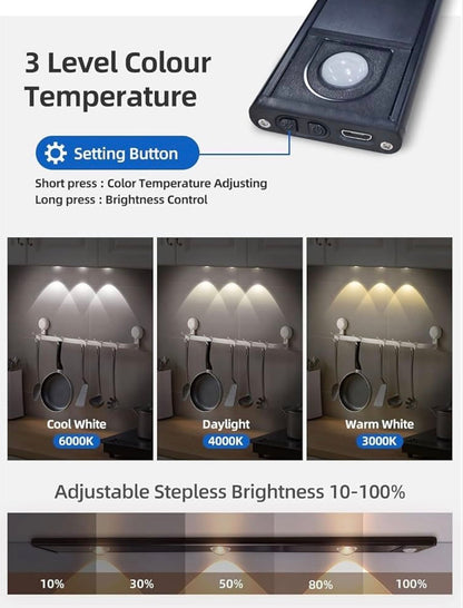 Motion Sensor Under Cabinet LED Light, USB Rechargeable, Stepless Dimmable, 3 Color Temperatures (3000K/4000K/6000K), 400mAh Battery, Dimmable Closet Lamp, Wireless Stick-On for Wardrobe